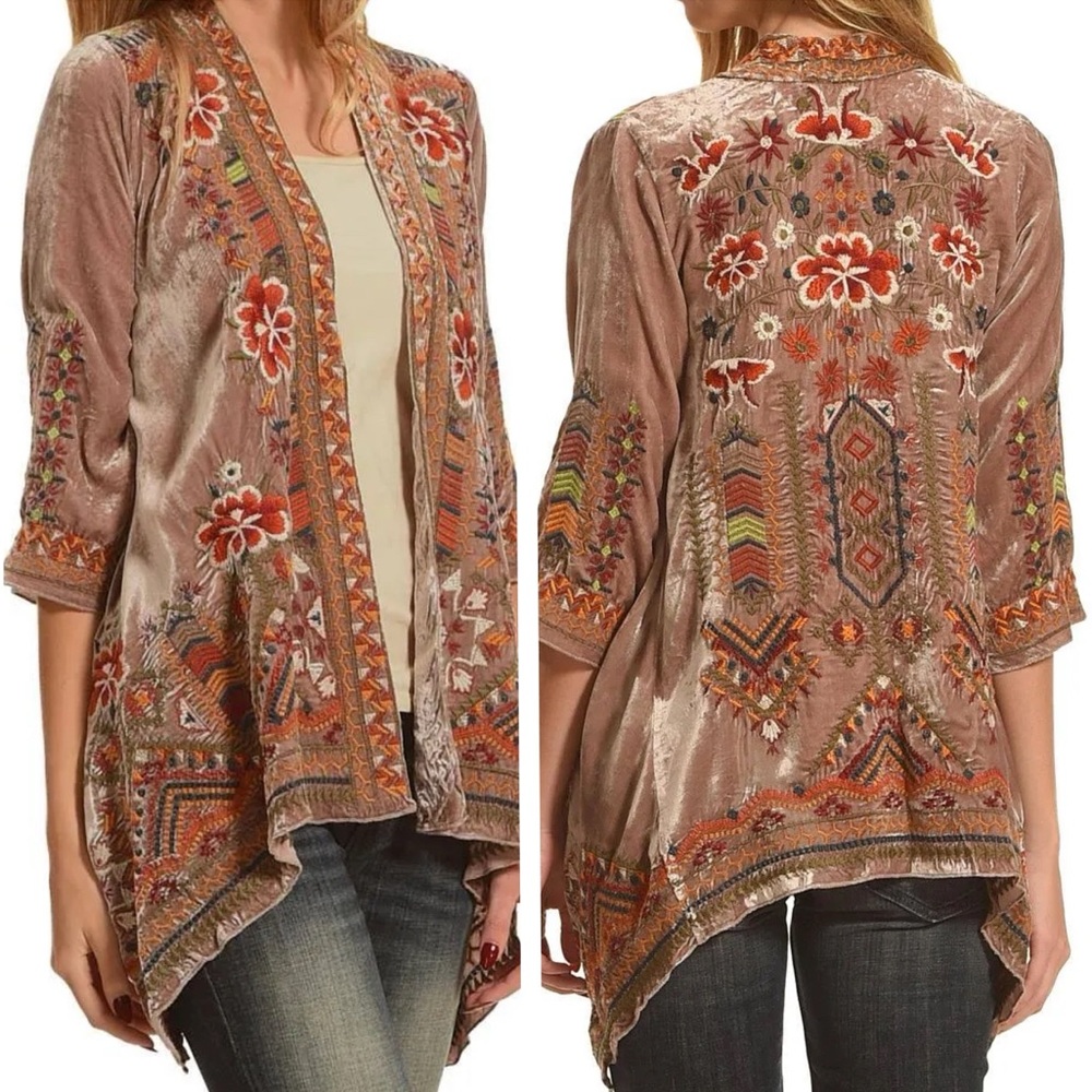 Johnny Was Mauve Velvet Embroidered Open Front Jacket with Orange & Red Accents